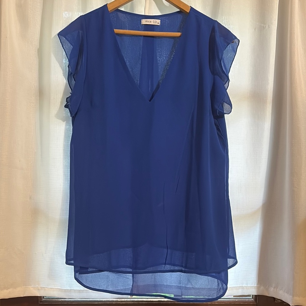Alice Co Blouse Flutter Sleeve Blue Asymmetrical Hem Women’s Sz M NWOT
